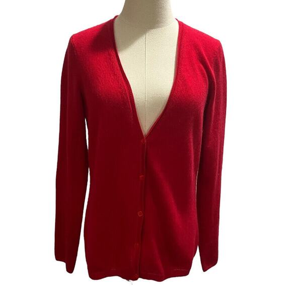 Magaschoni Cashmere Red Cashmere Long Sleeve Shell Button V Neck Cardigan M/LG - Picture 1 of 16